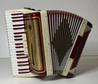 Pearl Red/white Camerano Piano Accordion By Scandalli Lm (41 KEY/120 Bass) Italy Used. Price: $849.95.